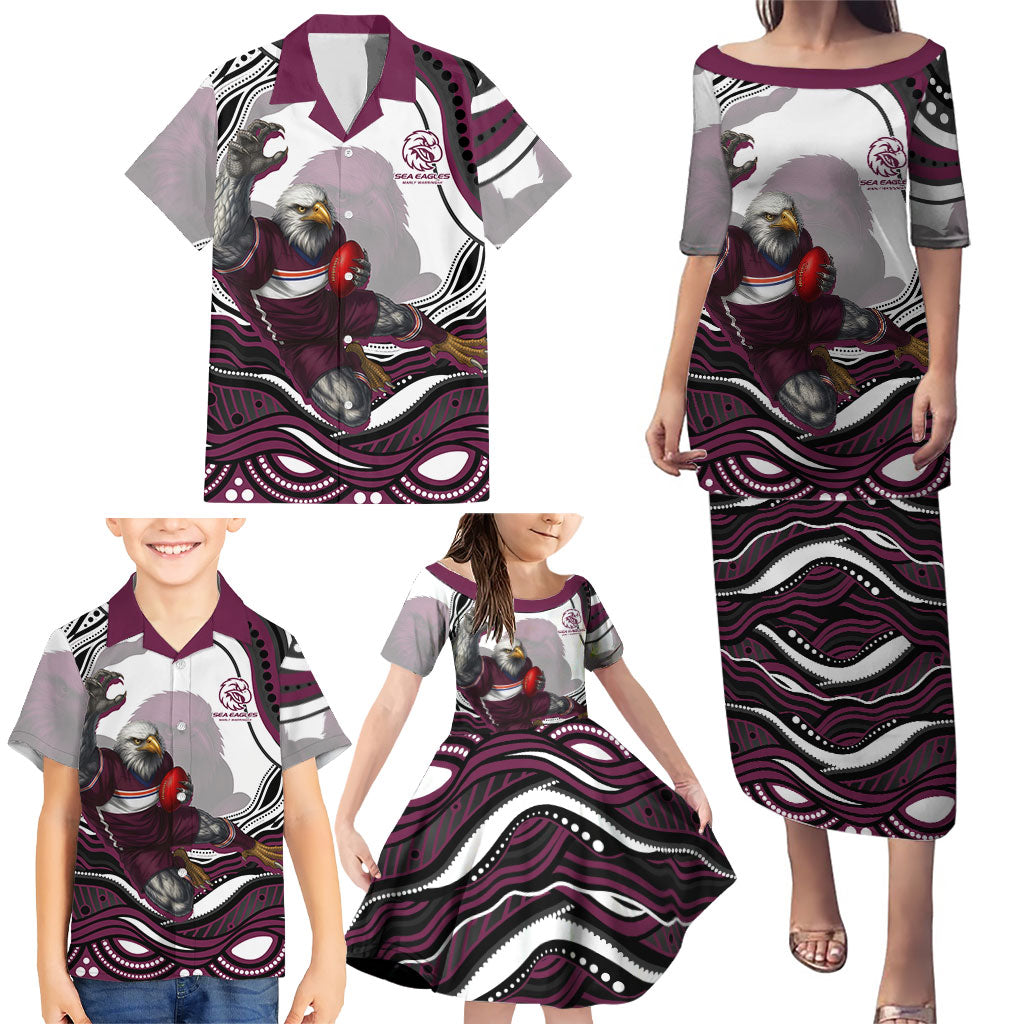 Personalized Manly Warringah Sea Eagles Family Matching Puletasi and Hawaiian Shirt Aboriginal Dot Art - Dreamtime Rugby Mascot