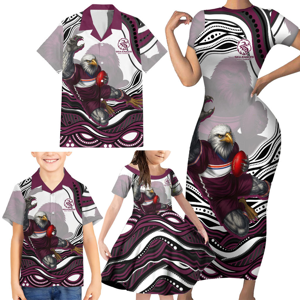 Personalized Manly Warringah Sea Eagles Family Matching Short Sleeve Bodycon Dress and Hawaiian Shirt Aboriginal Dot Art - Dreamtime Rugby Mascot