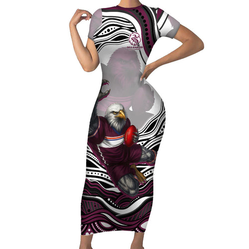 Personalized Manly Warringah Sea Eagles Family Matching Short Sleeve Bodycon Dress and Hawaiian Shirt Aboriginal Dot Art - Dreamtime Rugby Mascot