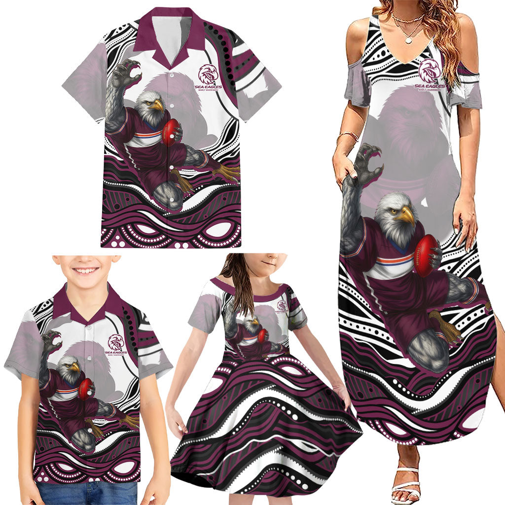 Personalized Manly Warringah Sea Eagles Family Matching Summer Maxi Dress and Hawaiian Shirt Aboriginal Dot Art - Dreamtime Rugby Mascot