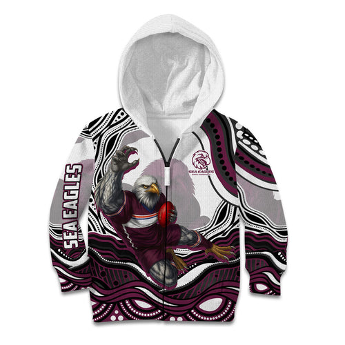Personalized Manly Warringah Sea Eagles Kid Hoodie Aboriginal Dot Art - Dreamtime Rugby Mascot