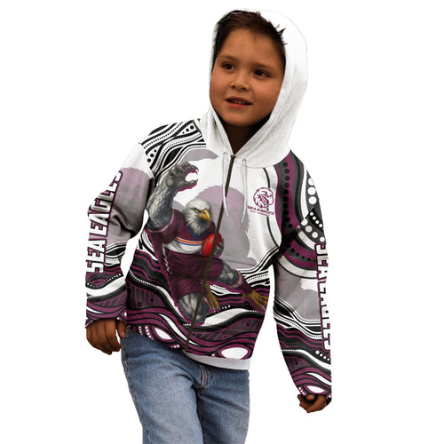 Personalized Manly Warringah Sea Eagles Kid Hoodie Aboriginal Dot Art - Dreamtime Rugby Mascot