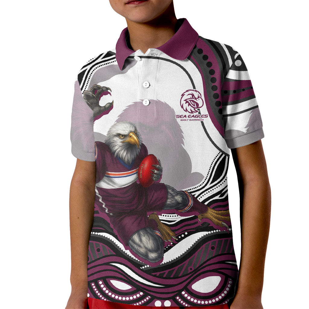 Personalized Manly Warringah Sea Eagles Kid Polo Shirt Aboriginal Dot Art - Dreamtime Rugby Mascot