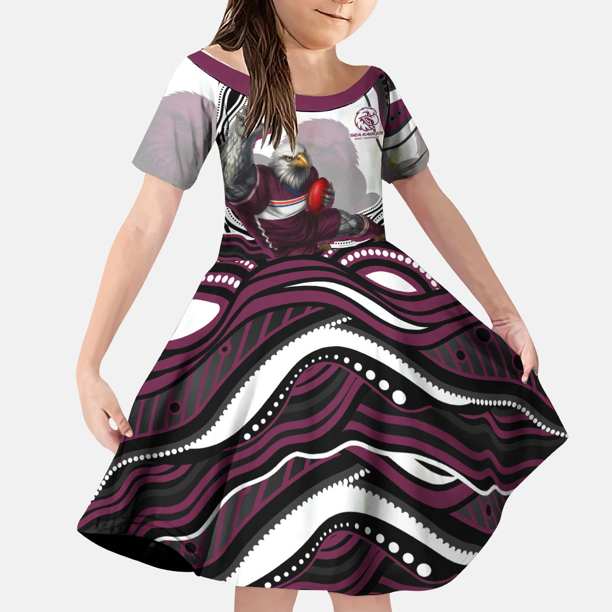 Personalized Manly Warringah Sea Eagles Kid Short Sleeve Dress Aboriginal Dot Art - Dreamtime Rugby Mascot