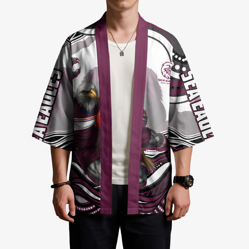 Personalized Manly Warringah Sea Eagles Kimono Aboriginal Dot Art - Dreamtime Rugby Mascot