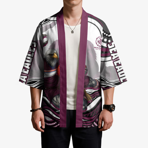 Personalized Manly Warringah Sea Eagles Kimono Aboriginal Dot Art - Dreamtime Rugby Mascot