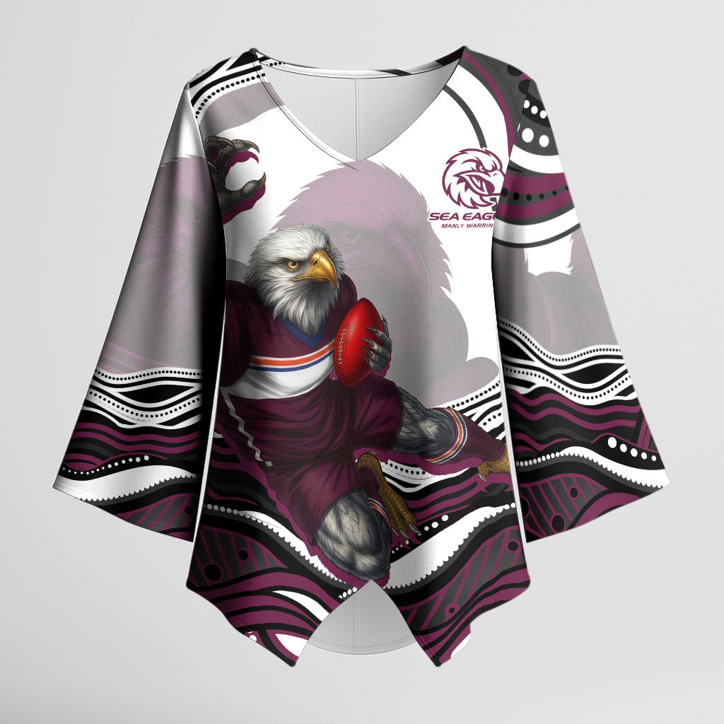 Personalized Manly Warringah Sea Eagles Kimono Sleeve Blouse Aboriginal Dot Art - Dreamtime Rugby Mascot