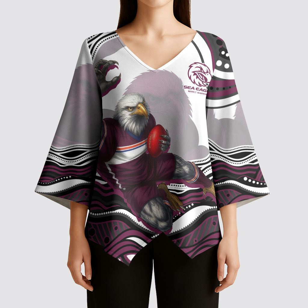 Personalized Manly Warringah Sea Eagles Kimono Sleeve Blouse Aboriginal Dot Art - Dreamtime Rugby Mascot