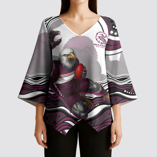 Personalized Manly Warringah Sea Eagles Kimono Sleeve Blouse Aboriginal Dot Art - Dreamtime Rugby Mascot