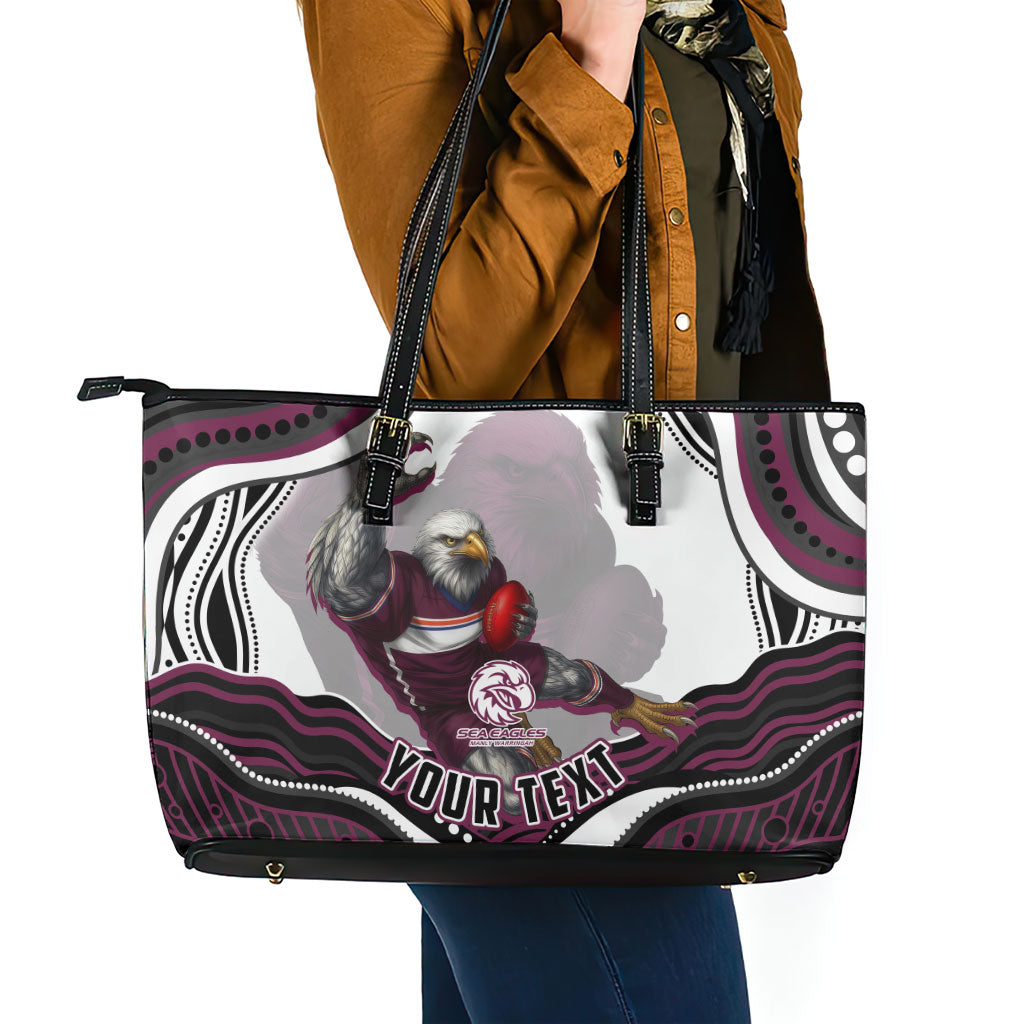 Personalized Manly Warringah Sea Eagles Leather Tote Bag Aboriginal Dot Art - Dreamtime Rugby Mascot