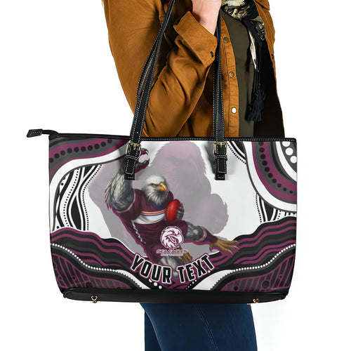 Personalized Manly Warringah Sea Eagles Leather Tote Bag Aboriginal Dot Art - Dreamtime Rugby Mascot