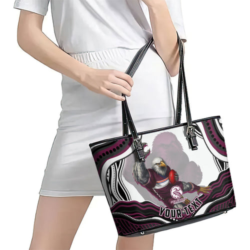 Personalized Manly Warringah Sea Eagles Leather Tote Bag Aboriginal Dot Art - Dreamtime Rugby Mascot