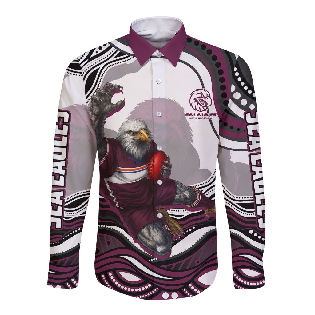 Personalized Manly Warringah Sea Eagles Long Sleeve Button Shirt Aboriginal Dot Art - Dreamtime Rugby Mascot