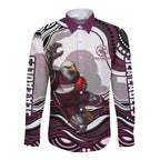 Personalized Manly Warringah Sea Eagles Long Sleeve Button Shirt Aboriginal Dot Art - Dreamtime Rugby Mascot