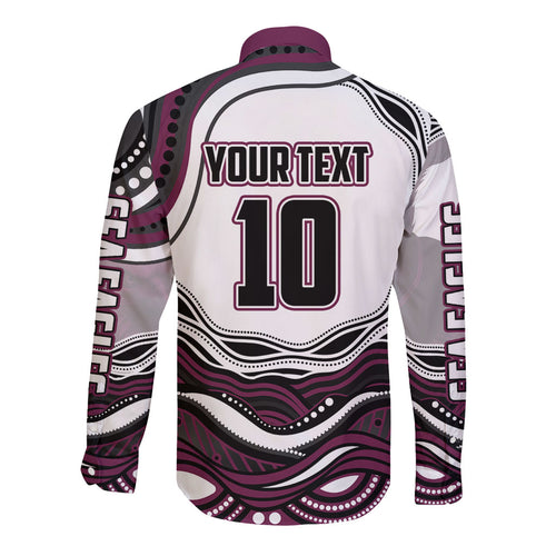 Personalized Manly Warringah Sea Eagles Long Sleeve Button Shirt Aboriginal Dot Art - Dreamtime Rugby Mascot