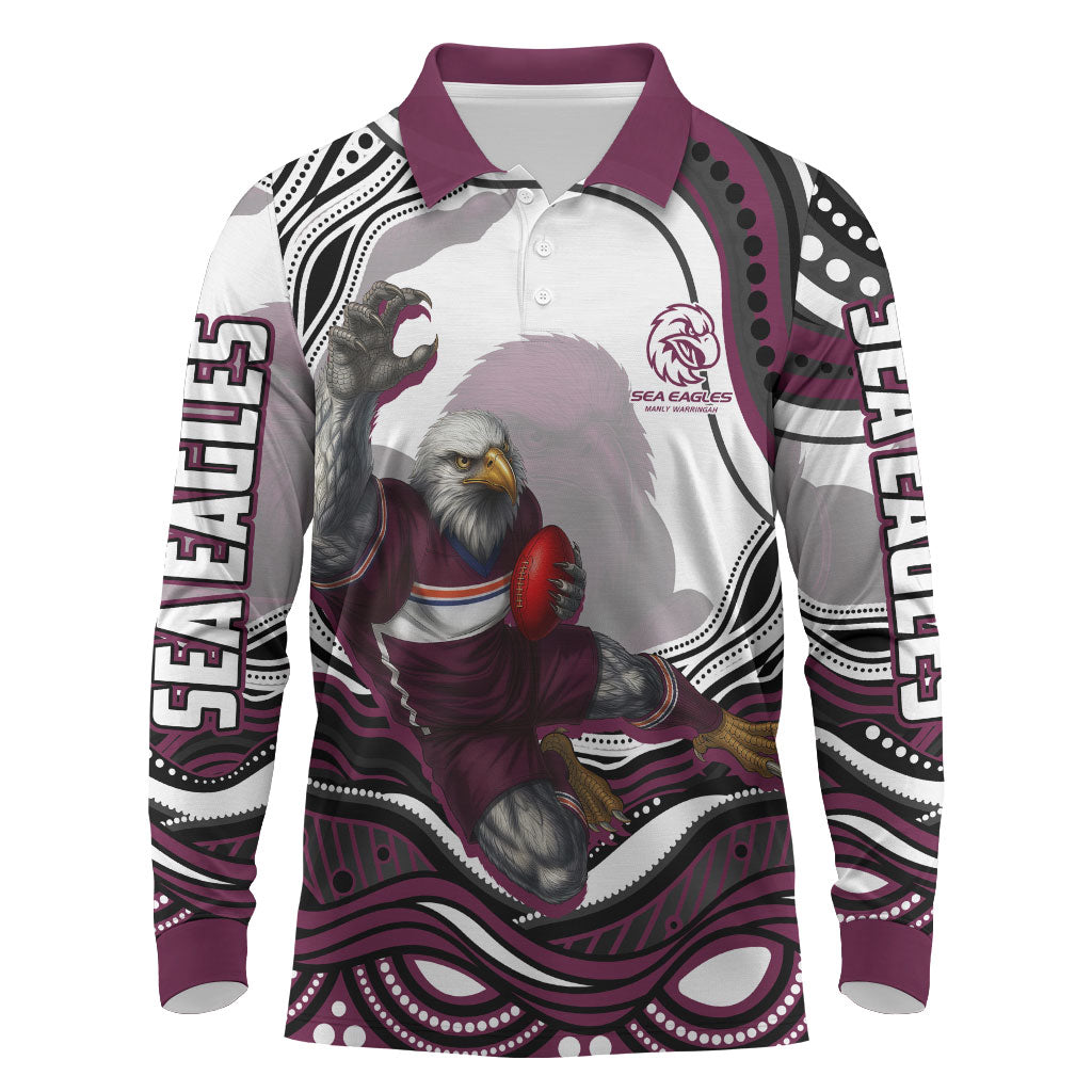 Personalized Manly Warringah Sea Eagles Long Sleeve Polo Shirt Aboriginal Dot Art - Dreamtime Rugby Mascot