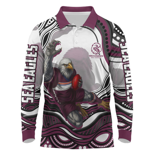 Personalized Manly Warringah Sea Eagles Long Sleeve Polo Shirt Aboriginal Dot Art - Dreamtime Rugby Mascot