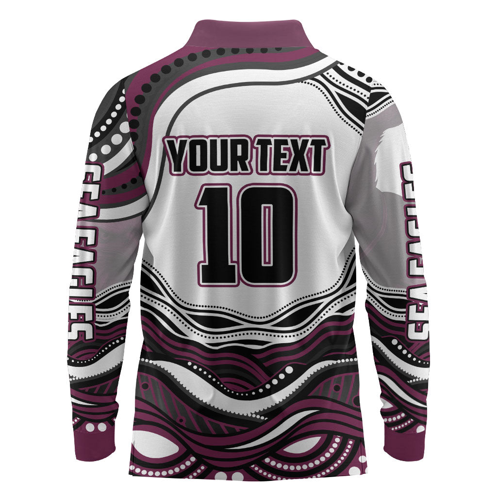 Personalized Manly Warringah Sea Eagles Long Sleeve Polo Shirt Aboriginal Dot Art - Dreamtime Rugby Mascot