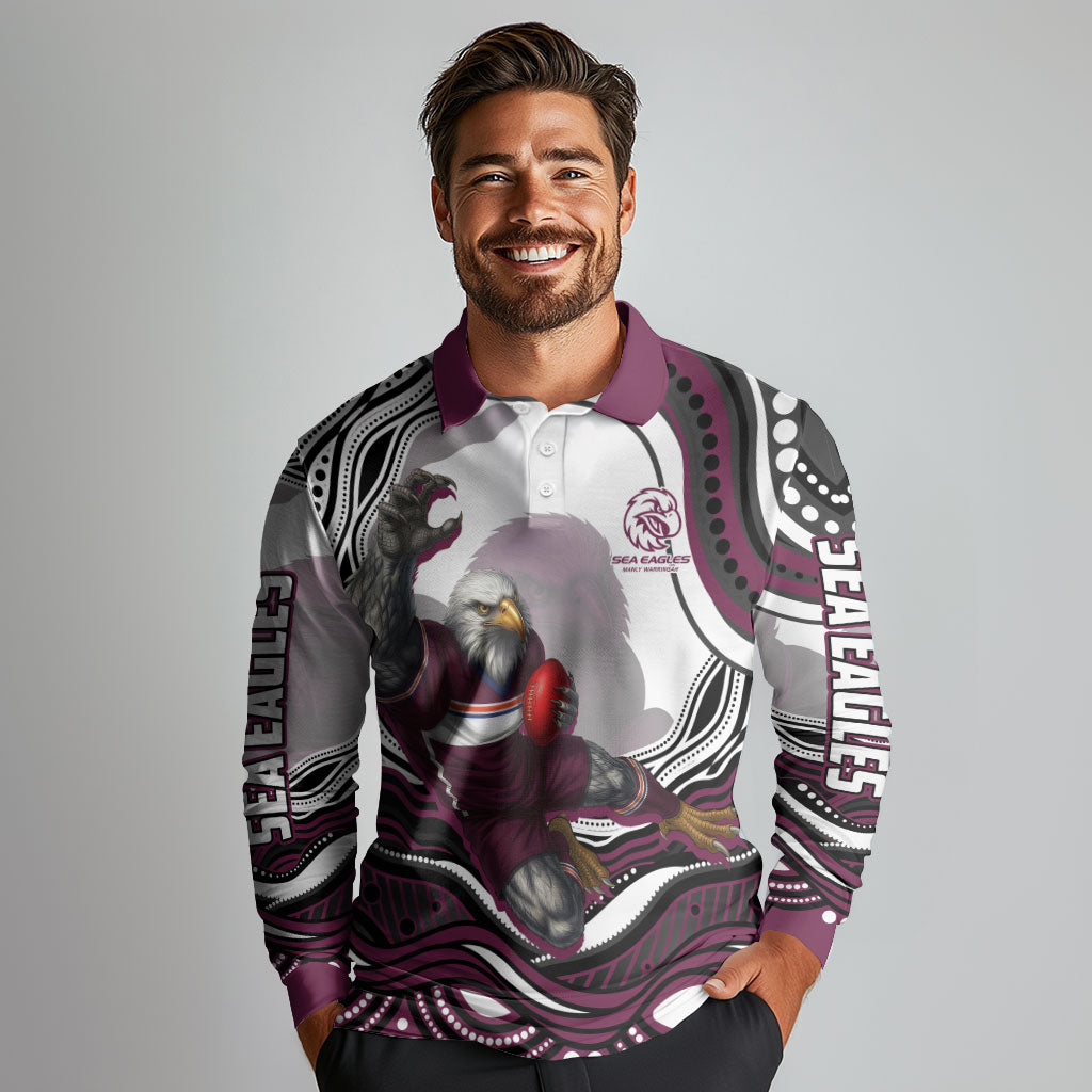 Personalized Manly Warringah Sea Eagles Long Sleeve Polo Shirt Aboriginal Dot Art - Dreamtime Rugby Mascot