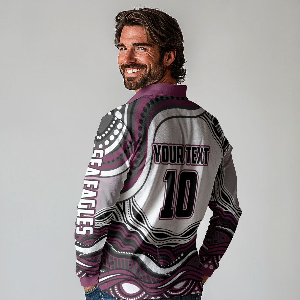Personalized Manly Warringah Sea Eagles Long Sleeve Polo Shirt Aboriginal Dot Art - Dreamtime Rugby Mascot
