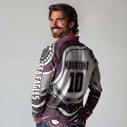 Personalized Manly Warringah Sea Eagles Long Sleeve Polo Shirt Aboriginal Dot Art - Dreamtime Rugby Mascot