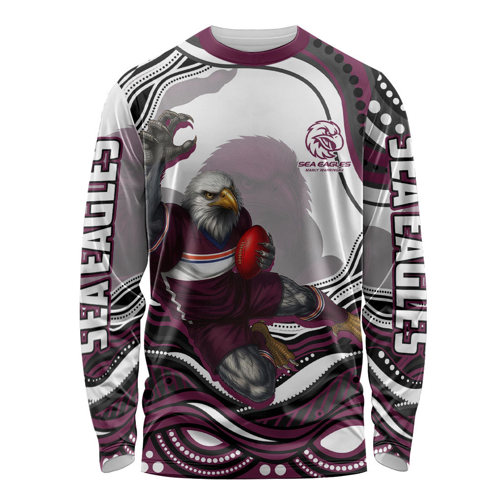 Personalized Manly Warringah Sea Eagles Long Sleeve Shirt Aboriginal Dot Art - Dreamtime Rugby Mascot