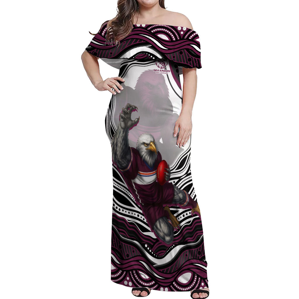 Personalized Manly Warringah Sea Eagles Off Shoulder Maxi Dress Aboriginal Dot Art - Dreamtime Rugby Mascot
