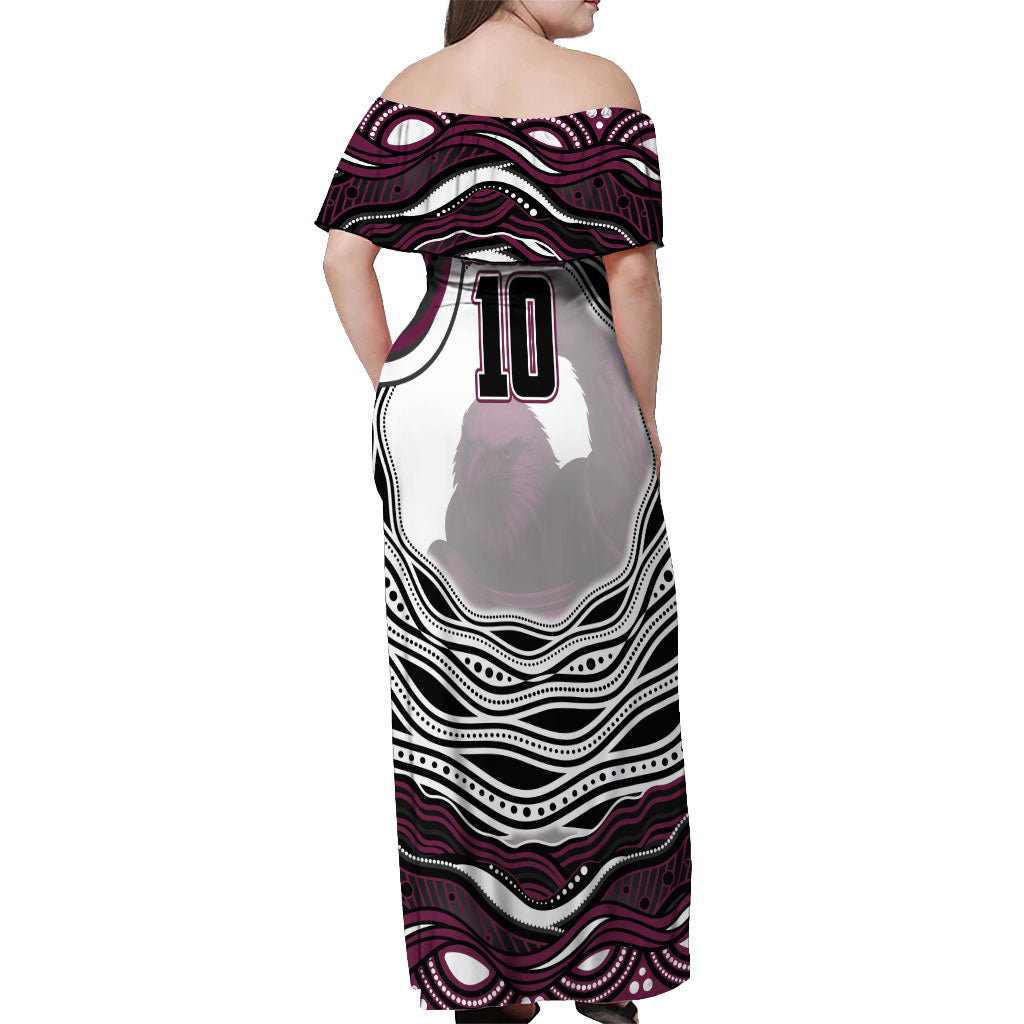Personalized Manly Warringah Sea Eagles Off Shoulder Maxi Dress Aboriginal Dot Art - Dreamtime Rugby Mascot