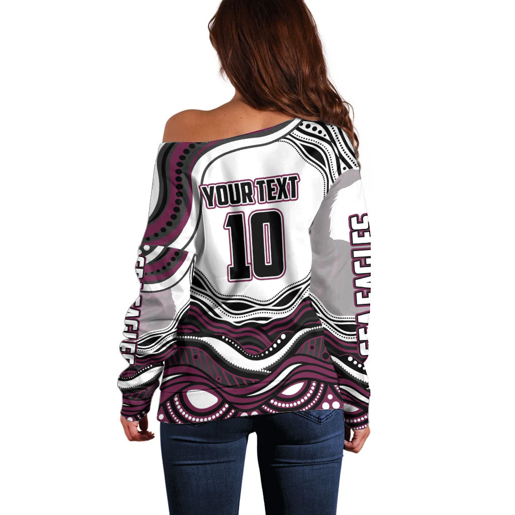 Personalized Manly Warringah Sea Eagles Off Shoulder Sweater Aboriginal Dot Art - Dreamtime Rugby Mascot