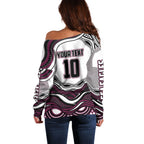 Personalized Manly Warringah Sea Eagles Off Shoulder Sweater Aboriginal Dot Art - Dreamtime Rugby Mascot
