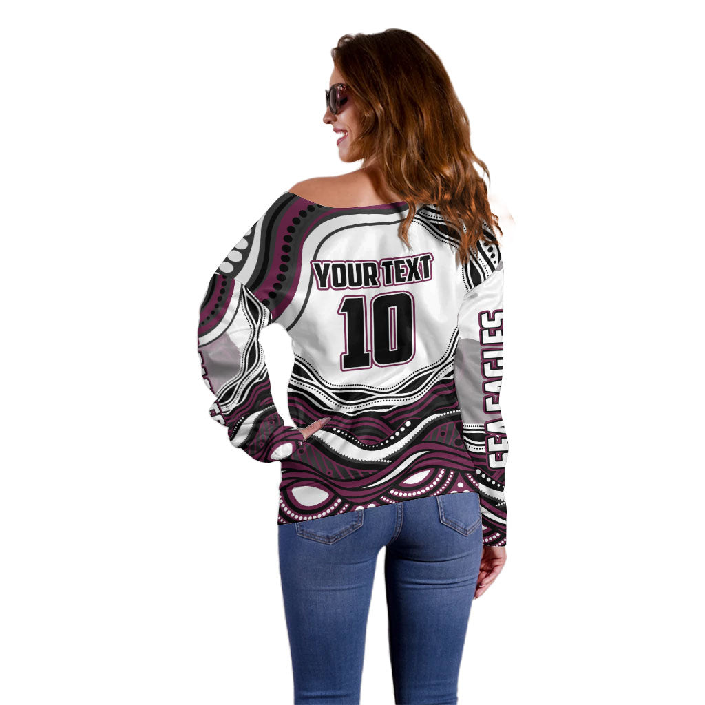 Personalized Manly Warringah Sea Eagles Off Shoulder Sweater Aboriginal Dot Art - Dreamtime Rugby Mascot