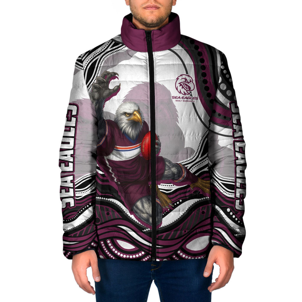 Personalized Manly Warringah Sea Eagles Padded Jacket Aboriginal Dot Art - Dreamtime Rugby Mascot