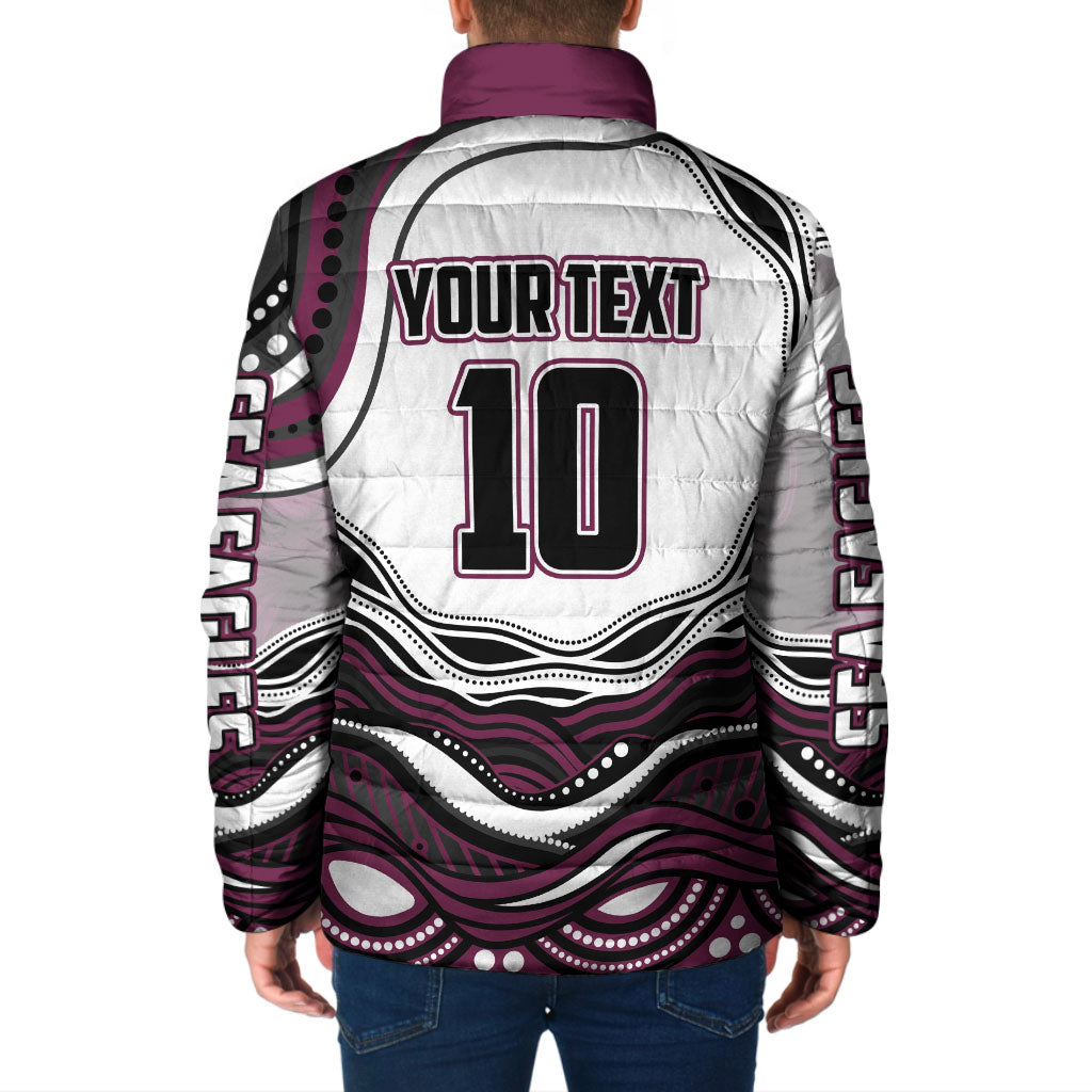 Personalized Manly Warringah Sea Eagles Padded Jacket Aboriginal Dot Art - Dreamtime Rugby Mascot