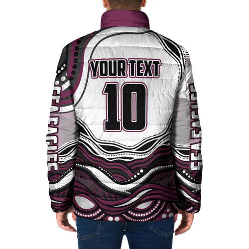 Personalized Manly Warringah Sea Eagles Padded Jacket Aboriginal Dot Art - Dreamtime Rugby Mascot