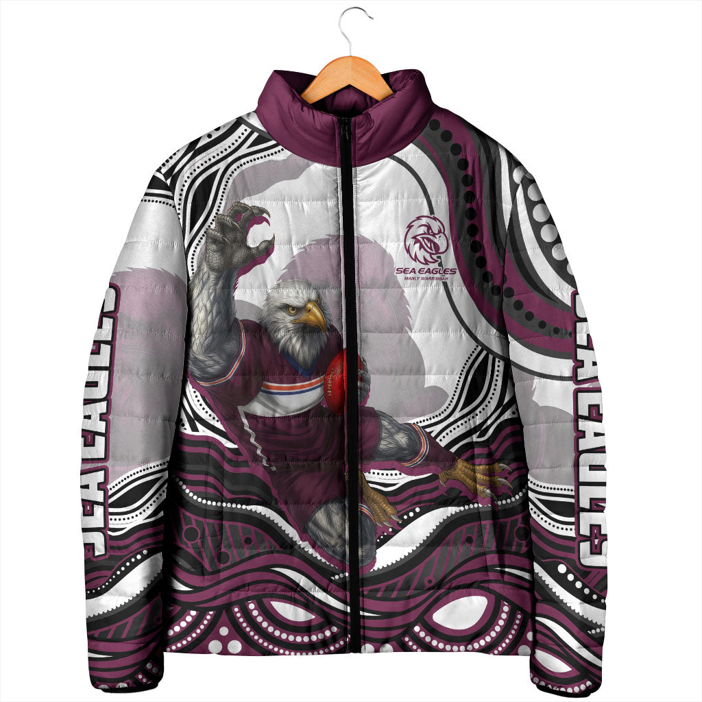 Personalized Manly Warringah Sea Eagles Padded Jacket Aboriginal Dot Art - Dreamtime Rugby Mascot