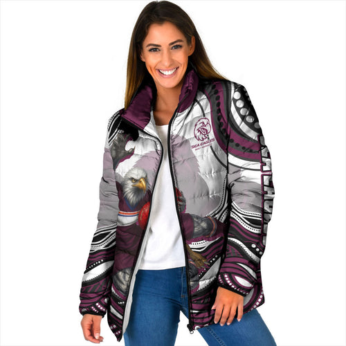 Personalized Manly Warringah Sea Eagles Padded Jacket Aboriginal Dot Art - Dreamtime Rugby Mascot