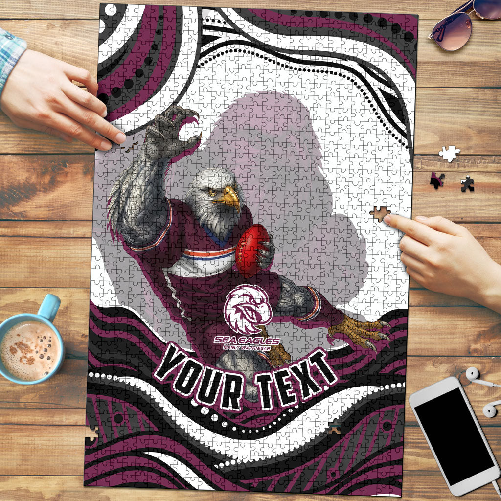 Personalized Manly Warringah Sea Eagles Puzzle Aboriginal Dot Art - Dreamtime Rugby Mascot