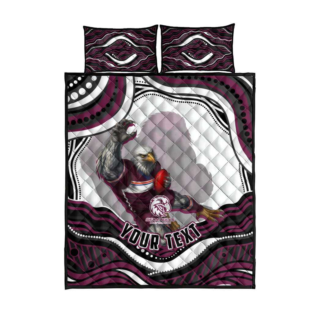 Personalized Manly Warringah Sea Eagles Quilt Bed Set Aboriginal Dot Art - Dreamtime Rugby Mascot
