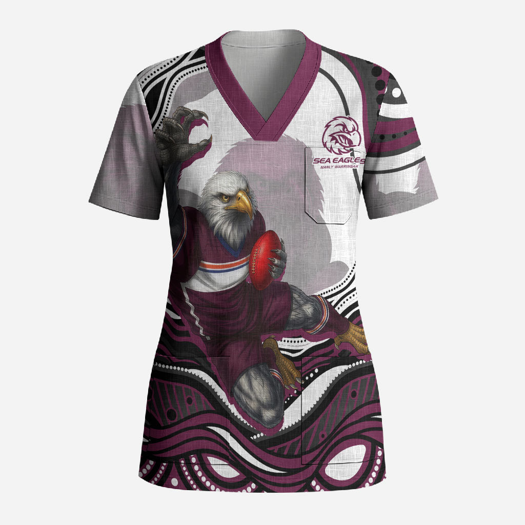 Personalized Manly Warringah Sea Eagles Scrub Top Aboriginal Dot Art - Dreamtime Rugby Mascot