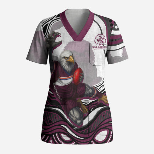 Personalized Manly Warringah Sea Eagles Scrub Top Aboriginal Dot Art - Dreamtime Rugby Mascot