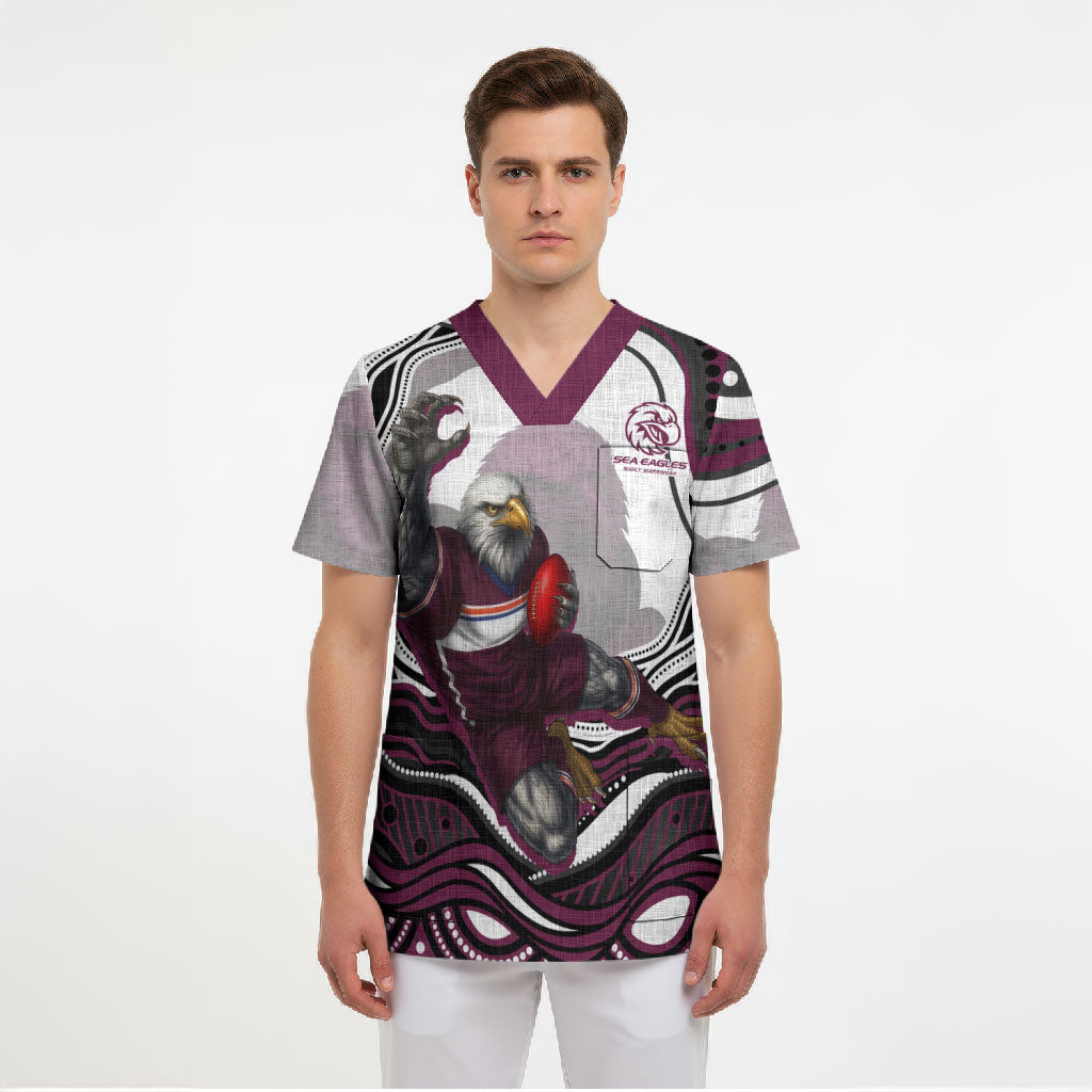 Personalized Manly Warringah Sea Eagles Scrub Top Aboriginal Dot Art - Dreamtime Rugby Mascot