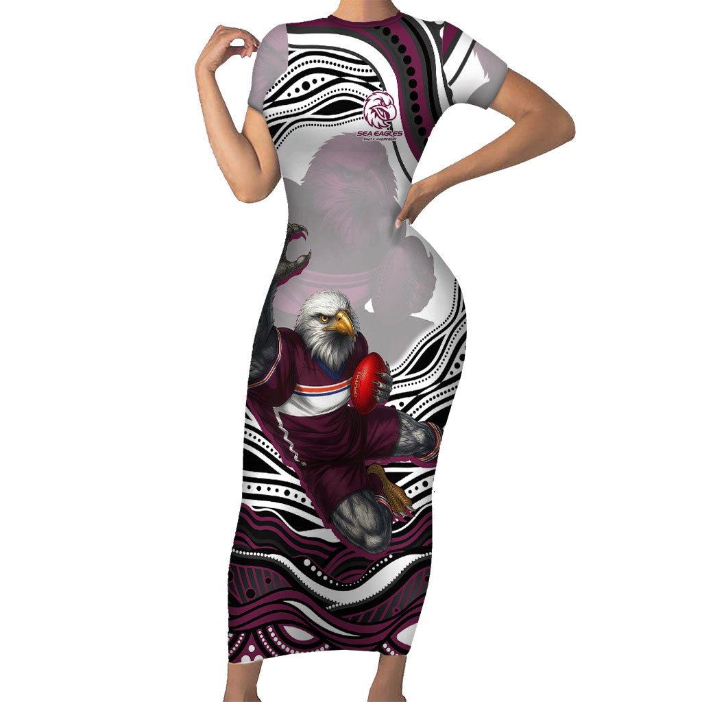 Personalized Manly Warringah Sea Eagles Short Sleeve Bodycon Dress Aboriginal Dot Art - Dreamtime Rugby Mascot