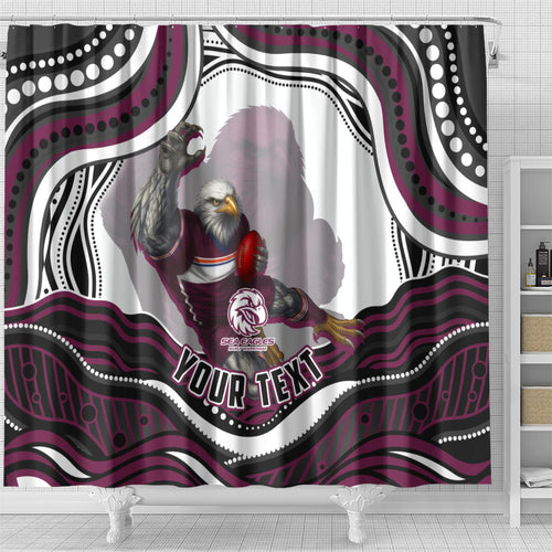 Personalized Manly Warringah Sea Eagles Shower Curtain Aboriginal Dot Art - Dreamtime Rugby Mascot