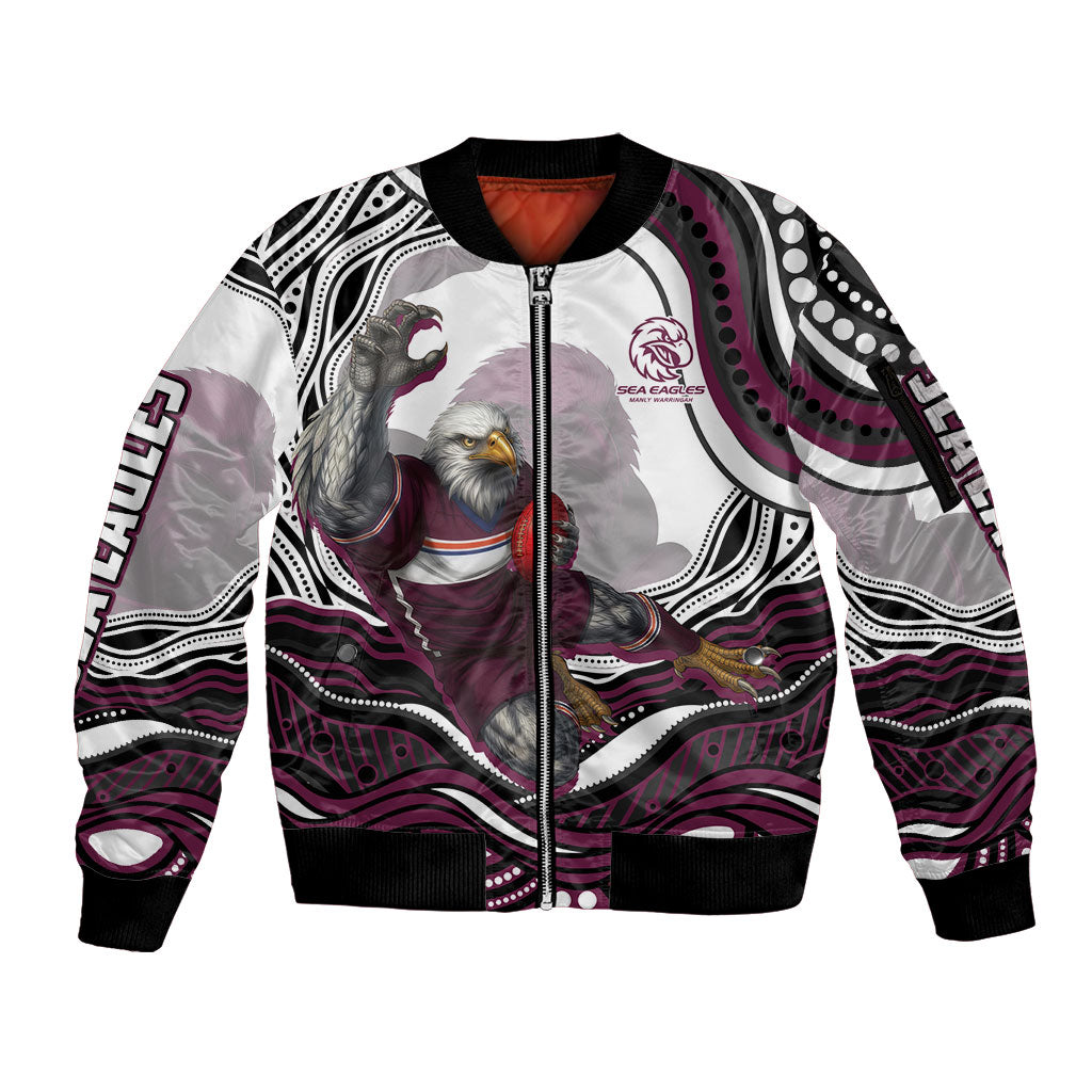 Personalized Manly Warringah Sea Eagles Sleeve Zip Bomber Jacket Aboriginal Dot Art - Dreamtime Rugby Mascot