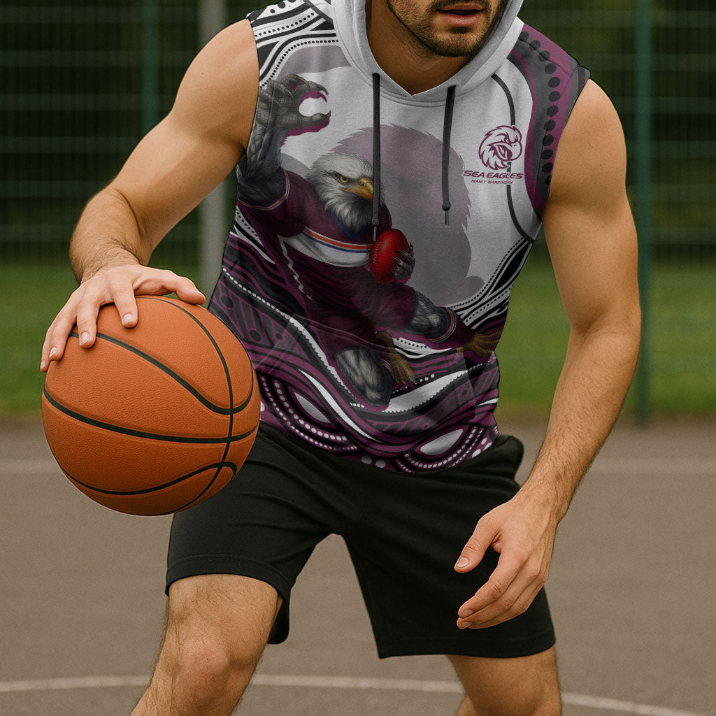 Personalized Manly Warringah Sea Eagles Sleeveless Hoodie Aboriginal Dot Art - Dreamtime Rugby Mascot