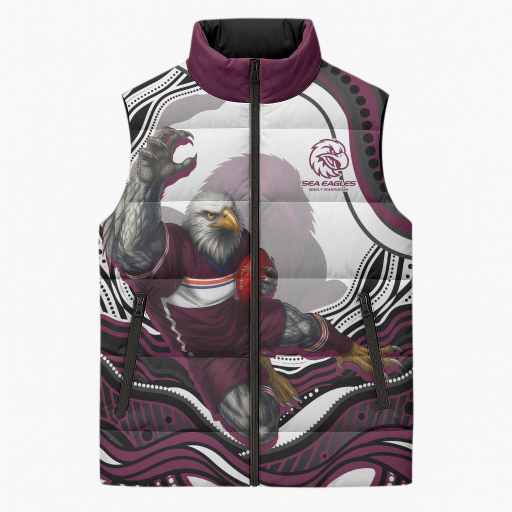 Personalized Manly Warringah Sea Eagles Sleeveless Puffer Jacket Aboriginal Dot Art - Dreamtime Rugby Mascot