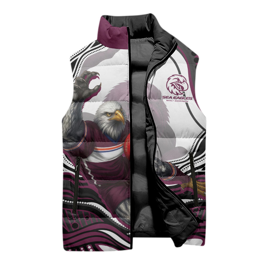 Personalized Manly Warringah Sea Eagles Sleeveless Puffer Jacket Aboriginal Dot Art - Dreamtime Rugby Mascot