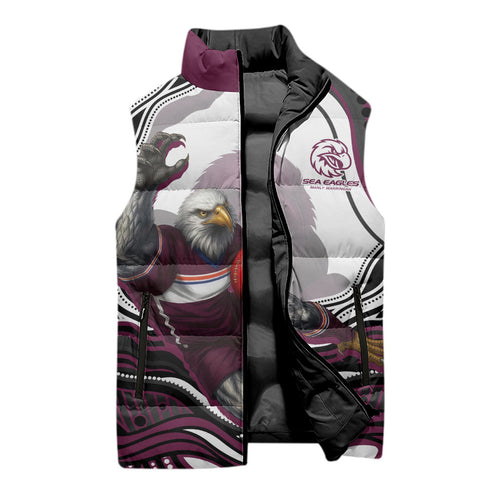 Personalized Manly Warringah Sea Eagles Sleeveless Puffer Jacket Aboriginal Dot Art - Dreamtime Rugby Mascot