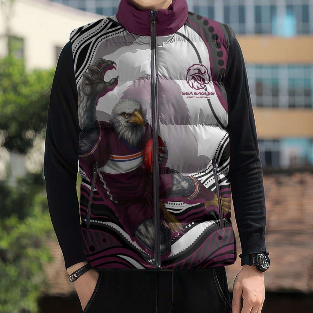 Personalized Manly Warringah Sea Eagles Sleeveless Puffer Jacket Aboriginal Dot Art - Dreamtime Rugby Mascot