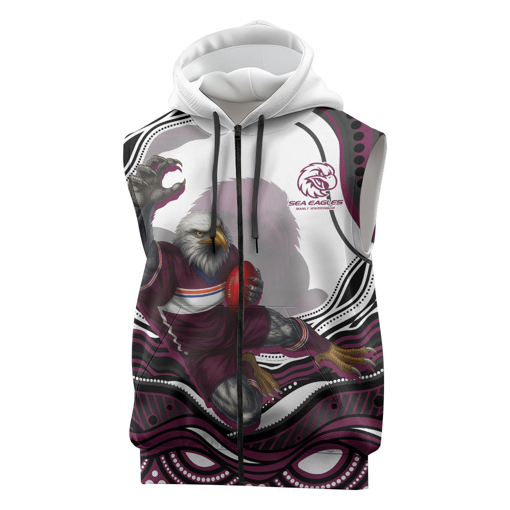 Personalized Manly Warringah Sea Eagles Sleeveless Zip Hoodie Aboriginal Dot Art - Dreamtime Rugby Mascot